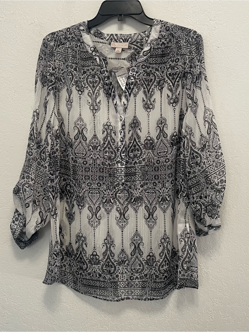 Dressbarn womens black white paisley split-neck blouse 3/4 sleeves Sheer XL NEW